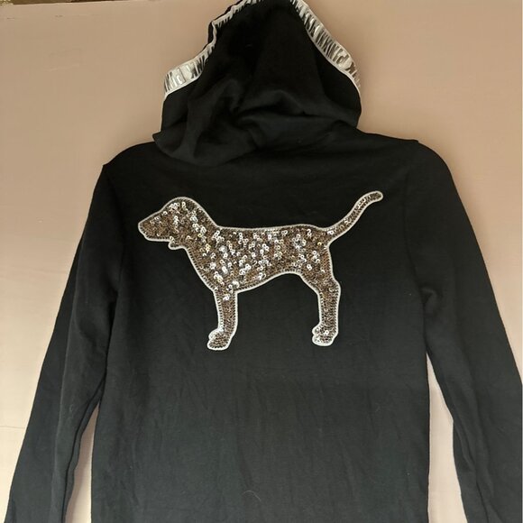 Victoria’s Secret PINK Sweater XS Black Sequin Dog Logo Y2K Retro Campus Bling - Picture 1 of 8